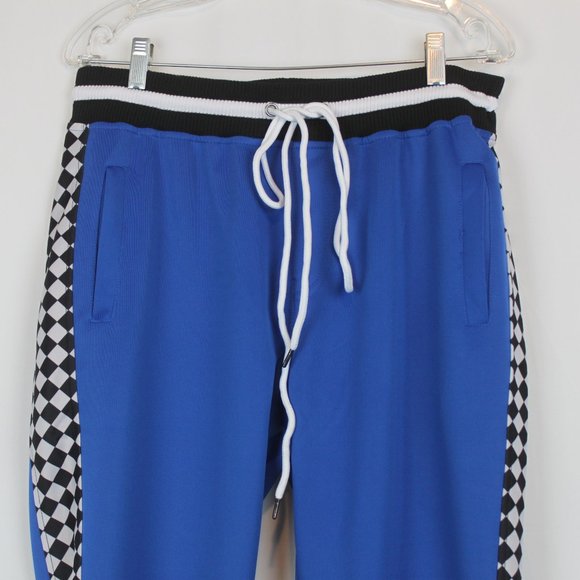 Womens Blue Lounge Drawstring Pants with Black and White Checkered Stripe - Picture 4 of 12
